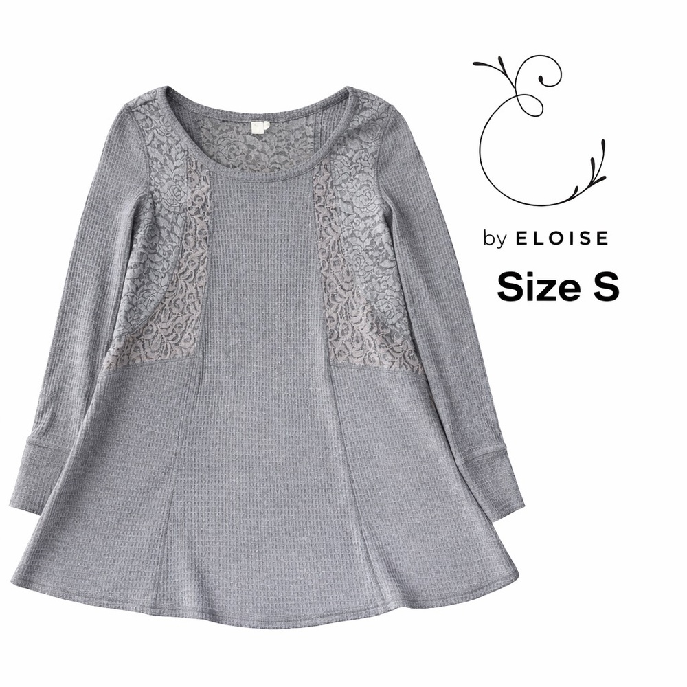 Anthropologie E by Eloise Waffle Knit Lace Tunic Top Gray Size S Boho